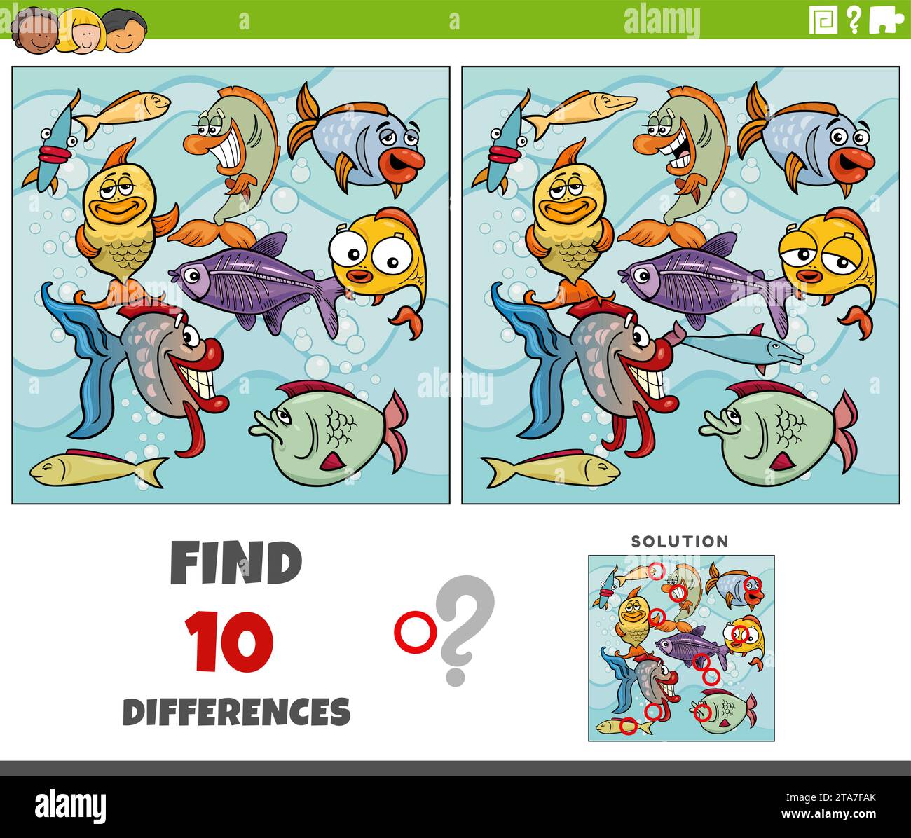 Illustration de dessin animé de trouver les différences entre les images de l'activité éducative avec le groupe de personnages d'animaux de poisson Illustration de Vecteur