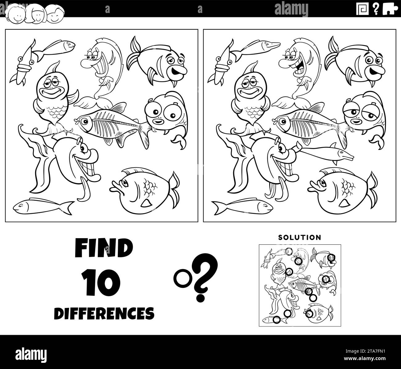 illustration de dessin animé de trouver les différences entre les images de l'activité éducative avec des personnages d'animaux de poisson page de coloriage de groupe Illustration de Vecteur