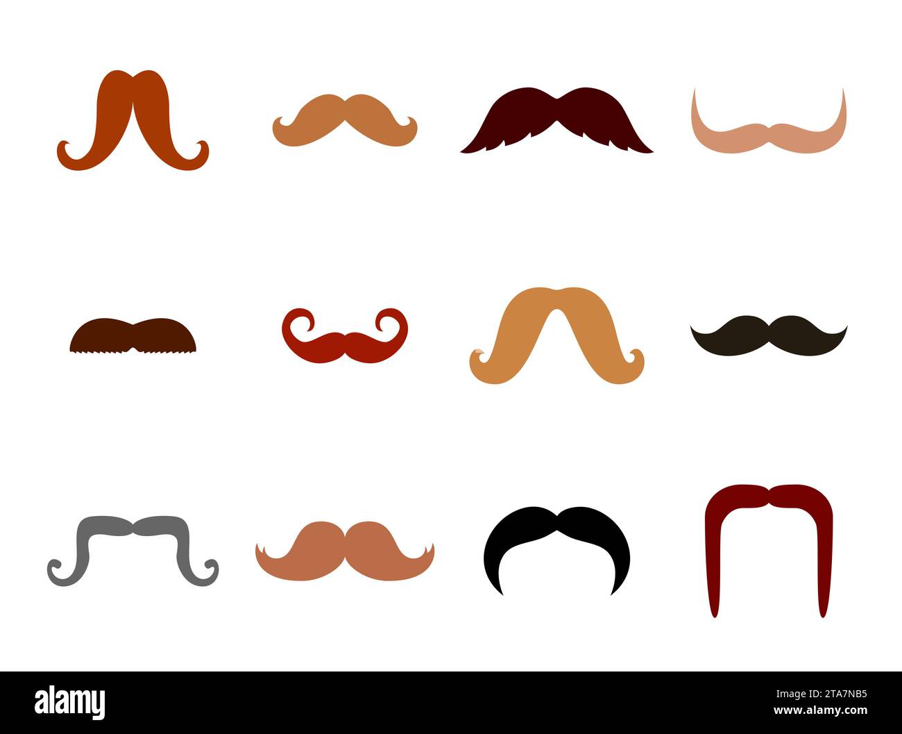 Ensemble de silhouettes de moustaches isolées sur fond blanc. Collection d'hommes différentes couleurs et formes icônes de cheveux moustache. Illustration vectorielle Illustration de Vecteur