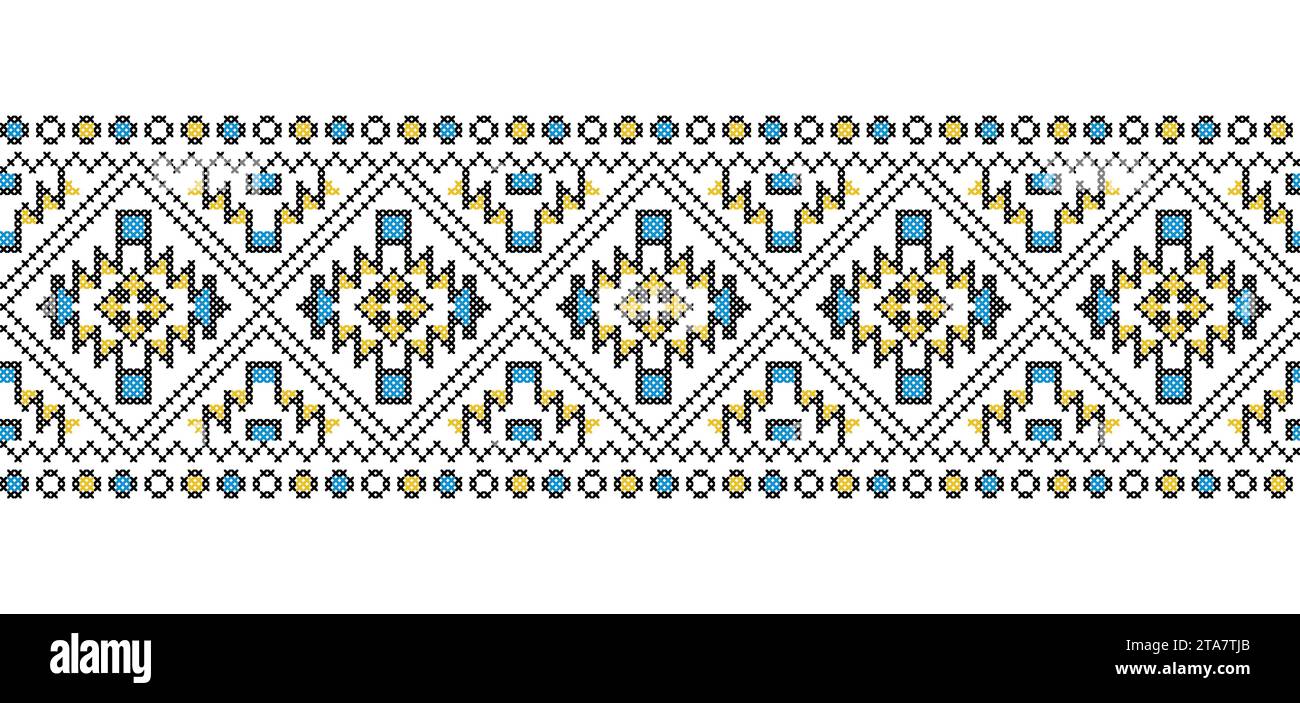 Ornement ukrainien pour textile, tissu, tissu. Modèle sans couture de vecteur, imprimer. Folklore ukrainien, ornement ethnique dans les couleurs jaune et bleu. Pixel art Illustration de Vecteur