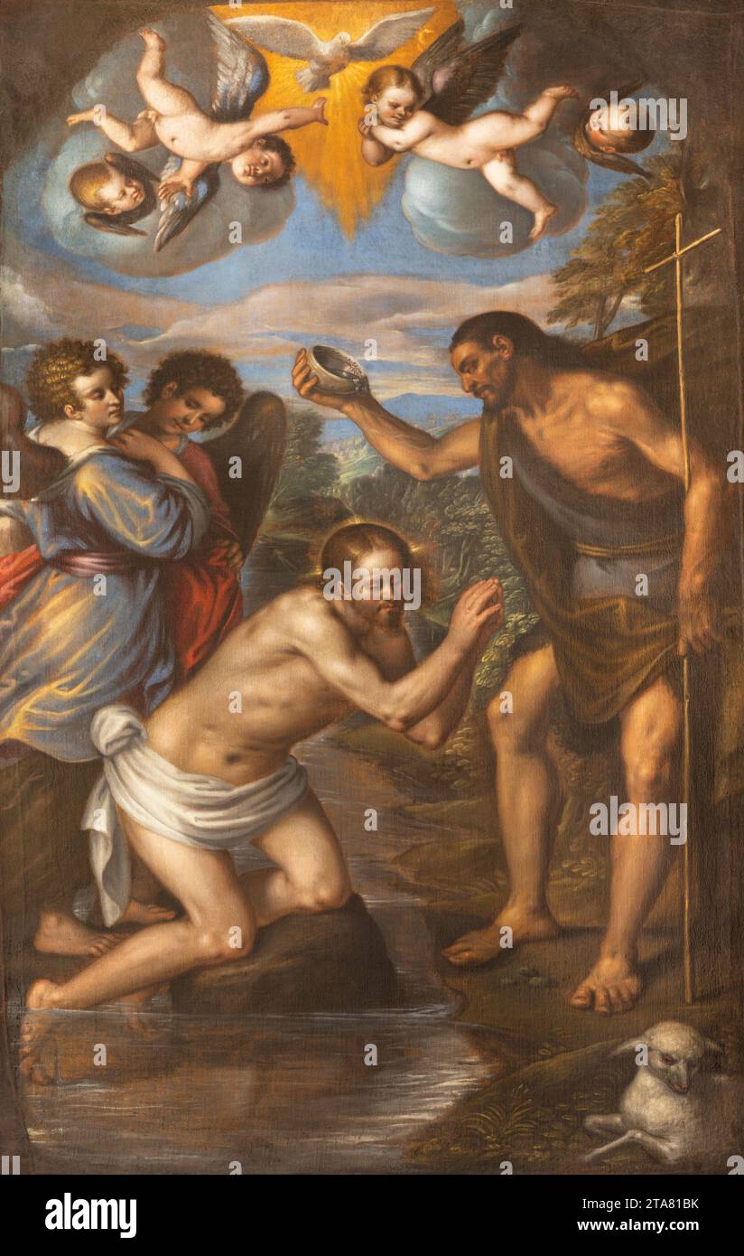 VICENCE, ITALIE - 5 NOVEMBRE 2023 : la peinture baroque du Baptême de Jésus dans l'église Chiesa di San Gaetano par un artiste inconnu. Banque D'Images
