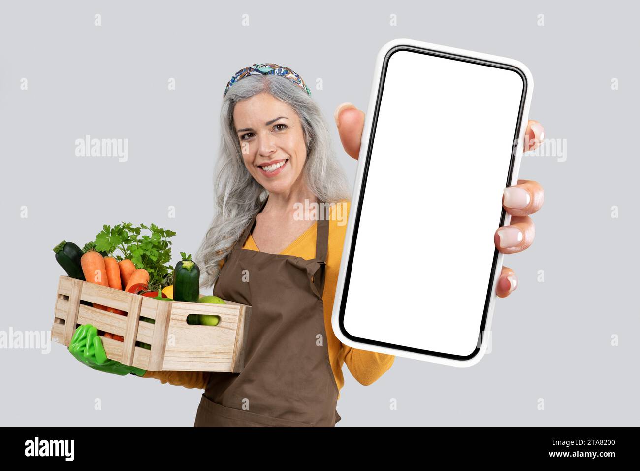 femme agricultrice tenant un grand smartphone avec écran blanc, fond gris Banque D'Images