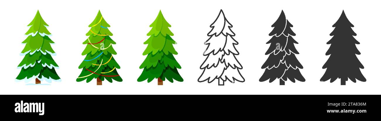 Ensemble plat de dessin animé de ligne d'arbre de Noël de dessin animé. Style modifiable nouvel an couvert de neige décor d'arbre Noël jouet autocollant imprimer modèle sapin Evergreen fait la main carte de voeux symbole de vacances isolé Illustration de Vecteur