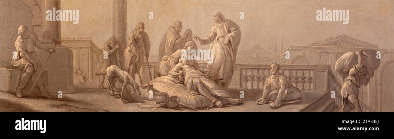 TRÉVISE, ITALIE - 4 NOVEMBRE 2023 : la peinture baroque monochrome de Jésus à la guérison dans l'église Chiesa di San Gaetano par un artiste inconnu. Banque D'Images