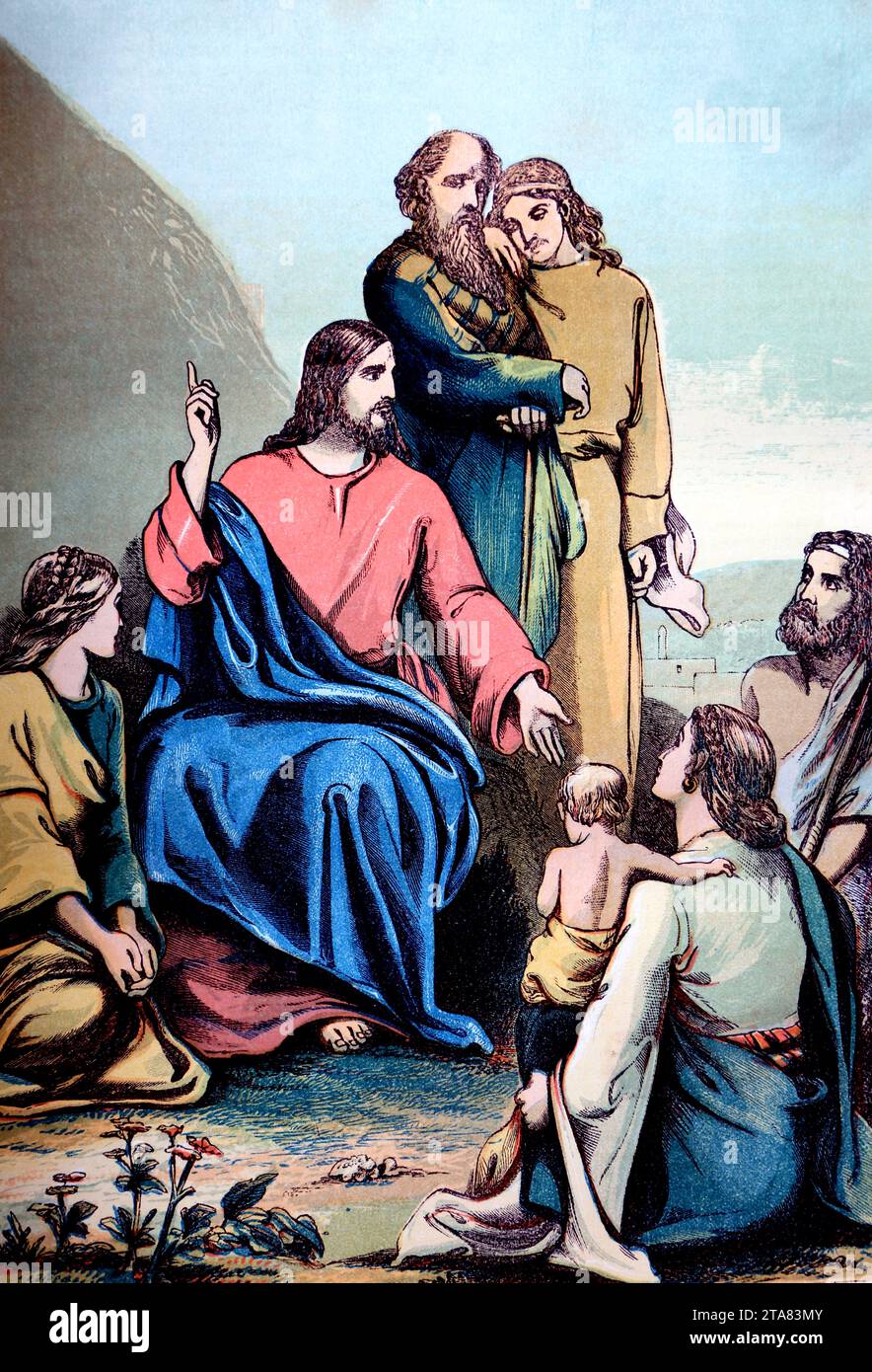 Illustration du sermon de Jésus-Christ sur la montagne (Évangile de Matthieu) enseignant à ses disciples et auditeurs de l'autel de la Bible de la Maison Banque D'Images