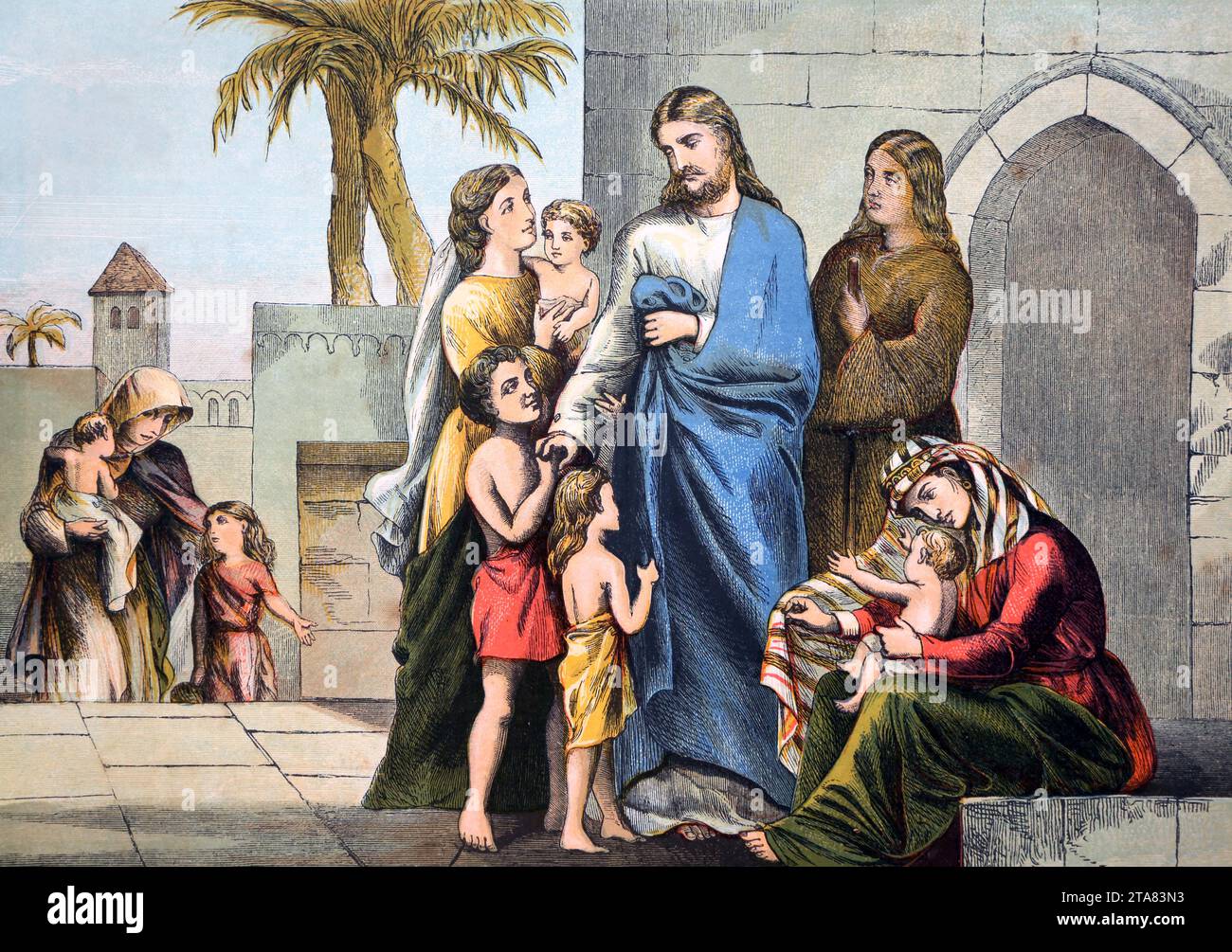 Illustration de Jésus-Christ recevant les petits enfants (Évangile de Marc) Nouveau Testament Banque D'Images