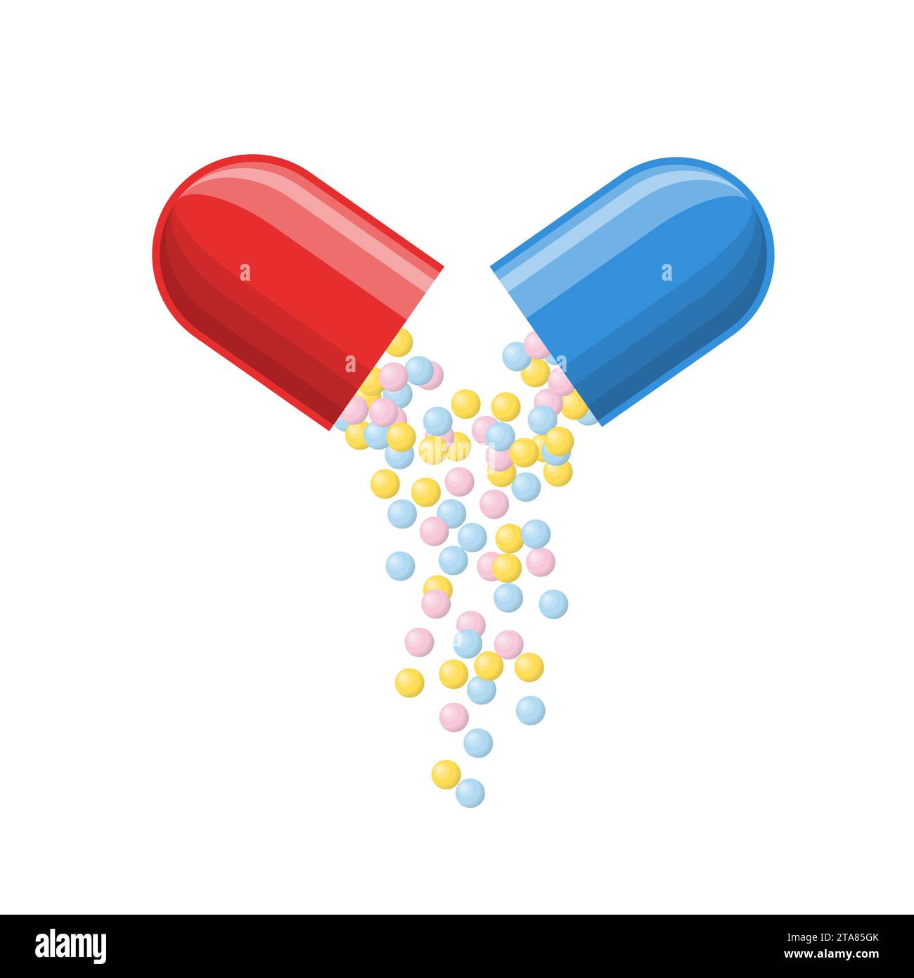 Capsule médicale ouverte avec de petites boules tombantes de médicament médical. Symboles de pharmacie et de médicaments. Icônes de pilule. Médical Illustration de Vecteur