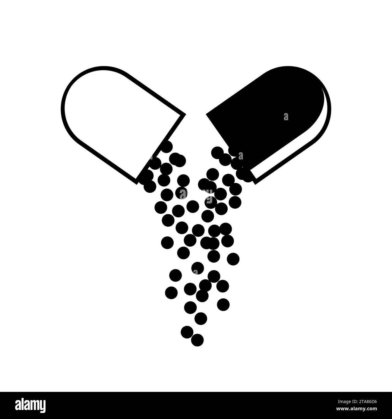 Icône de capsule médicale ouverte avec de petites boules tombantes de médicament médical. Symboles de pharmacie et de médicaments. Icônes de pilule. Médical Illustration de Vecteur