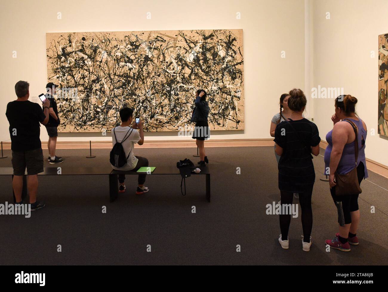New York, USA - 26 mai 2018 : un visiteur regarde la peinture Jackson Pollock au Metropolitan Museum of Art de New York. Banque D'Images
