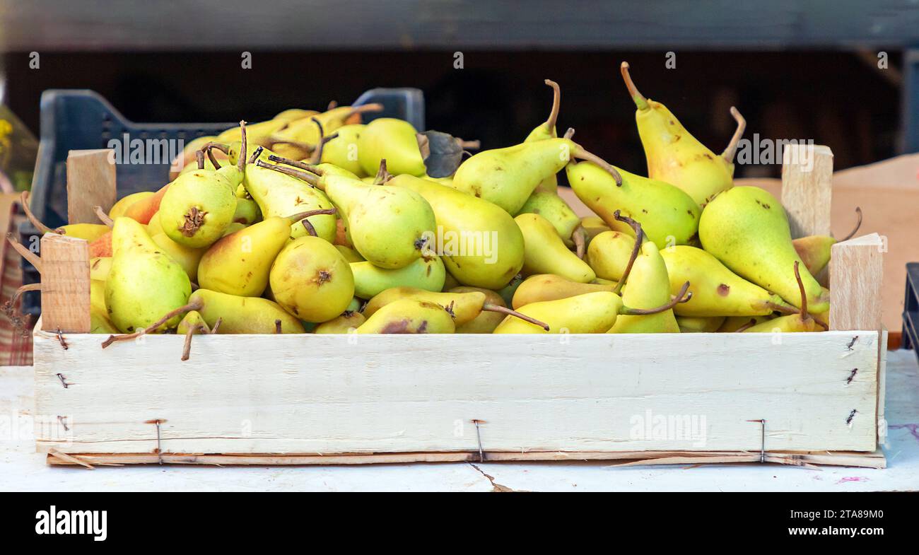 Pile de fruits de poires vertes mûres crues bio fraîches dans une caisse en bois vendue à l'extérieur sur un marché Banque D'Images