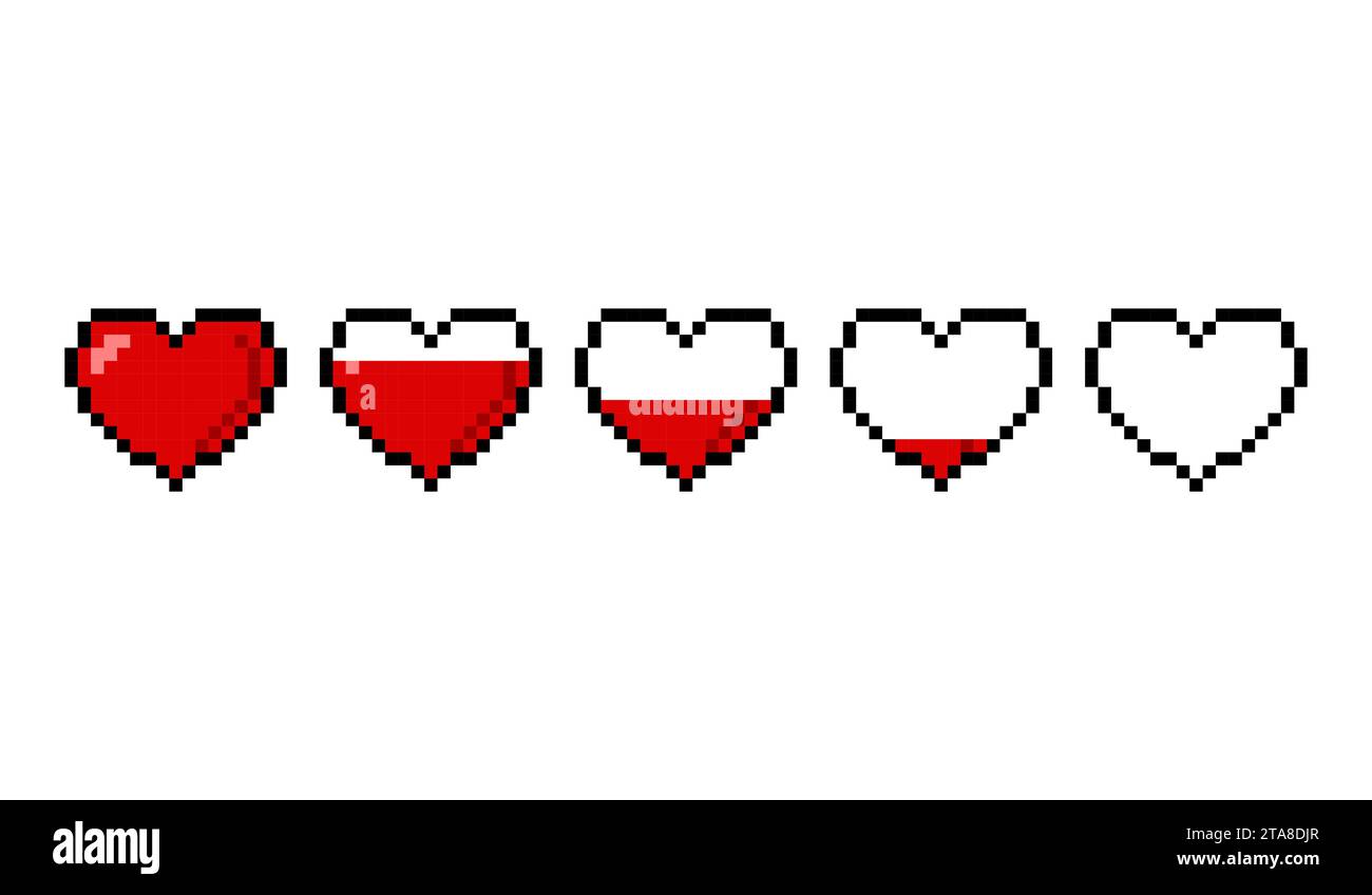 Cœurs de pixels rouges avec une échelle de santé isolée sur fond blanc. Icônes de barre de vie de cœur de santé de jeu de pixel 8 bits. Illustration vectorielle de contrôleur de jeu Illustration de Vecteur