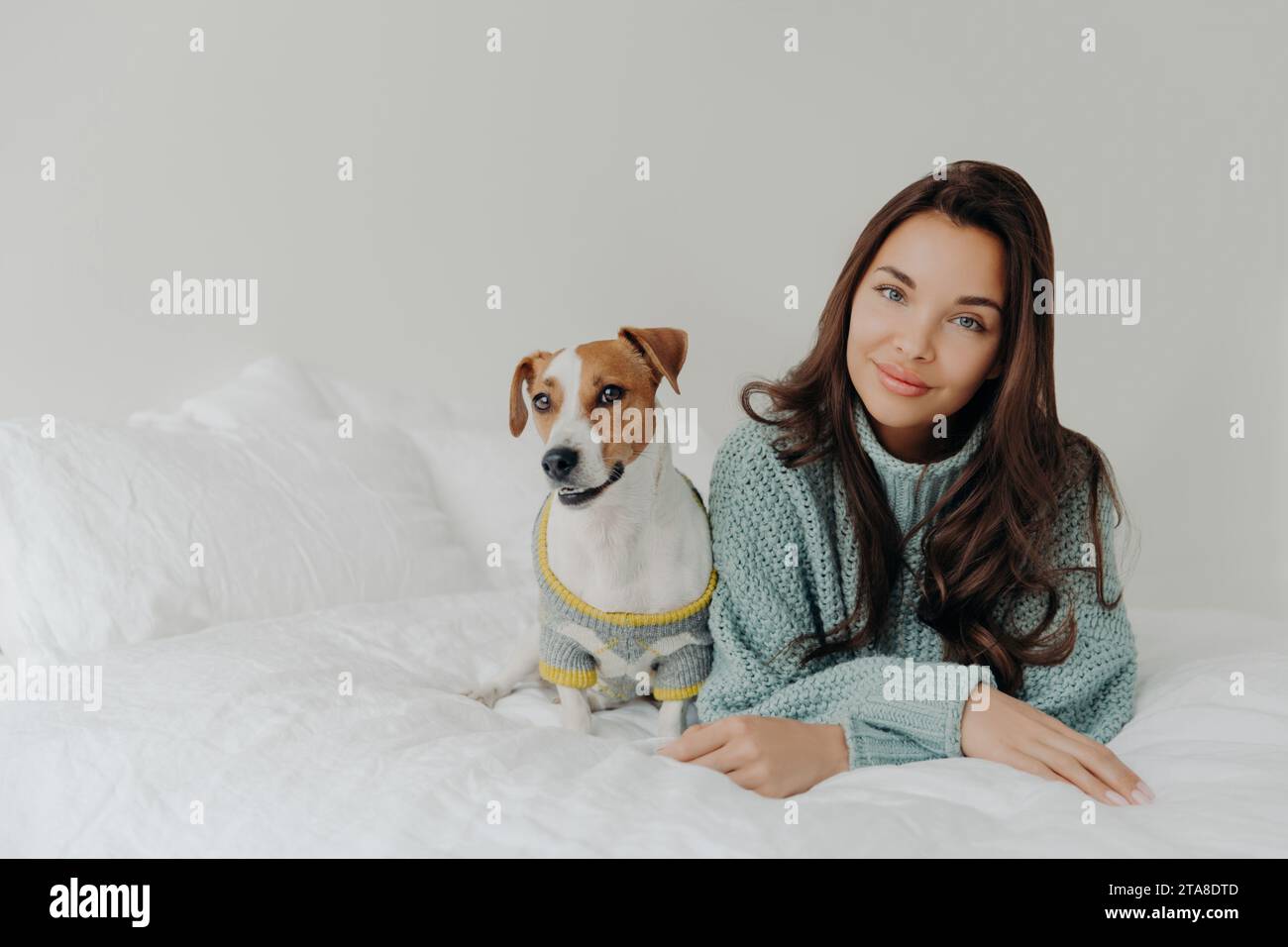 Femme souriante dans un pull confortable partage un moment serein avec son chien sur un lit blanc, exsudant chaleur et confort Banque D'Images