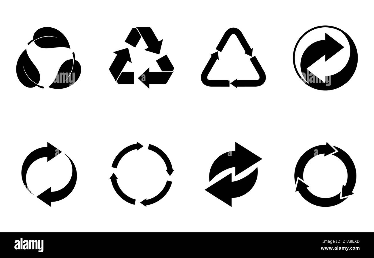 Icônes de recyclage noir ensemble isolé sur fond blanc. Flèche qui tourne sans fin concept recyclé. Recyclez le symbole écologique, collection d'icônes écologiques Illustration de Vecteur