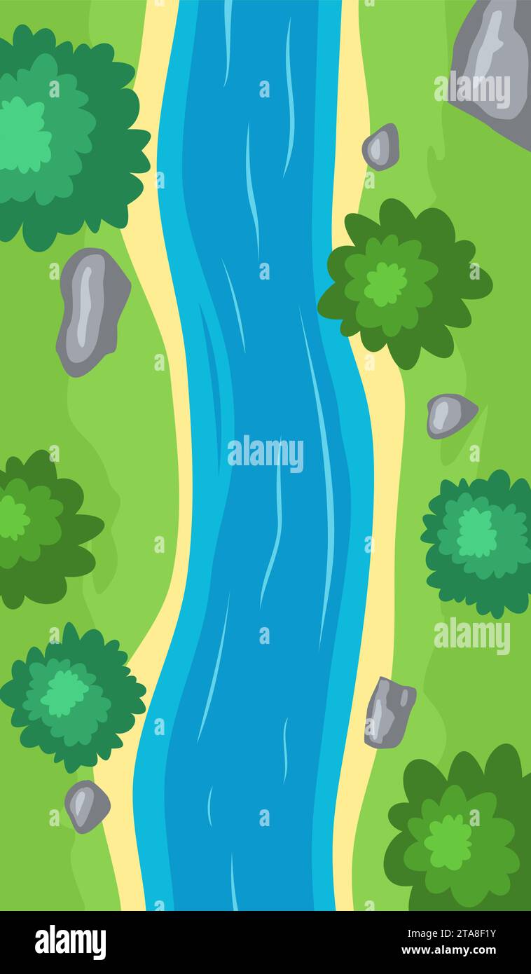 Vue de dessus de la rivière qui coule, lit de rivière courbe de dessin animé avec de l'eau bleue, littoral avec des pierres, des arbres et de l'herbe verte. Illustration de scène estivale Illustration de Vecteur