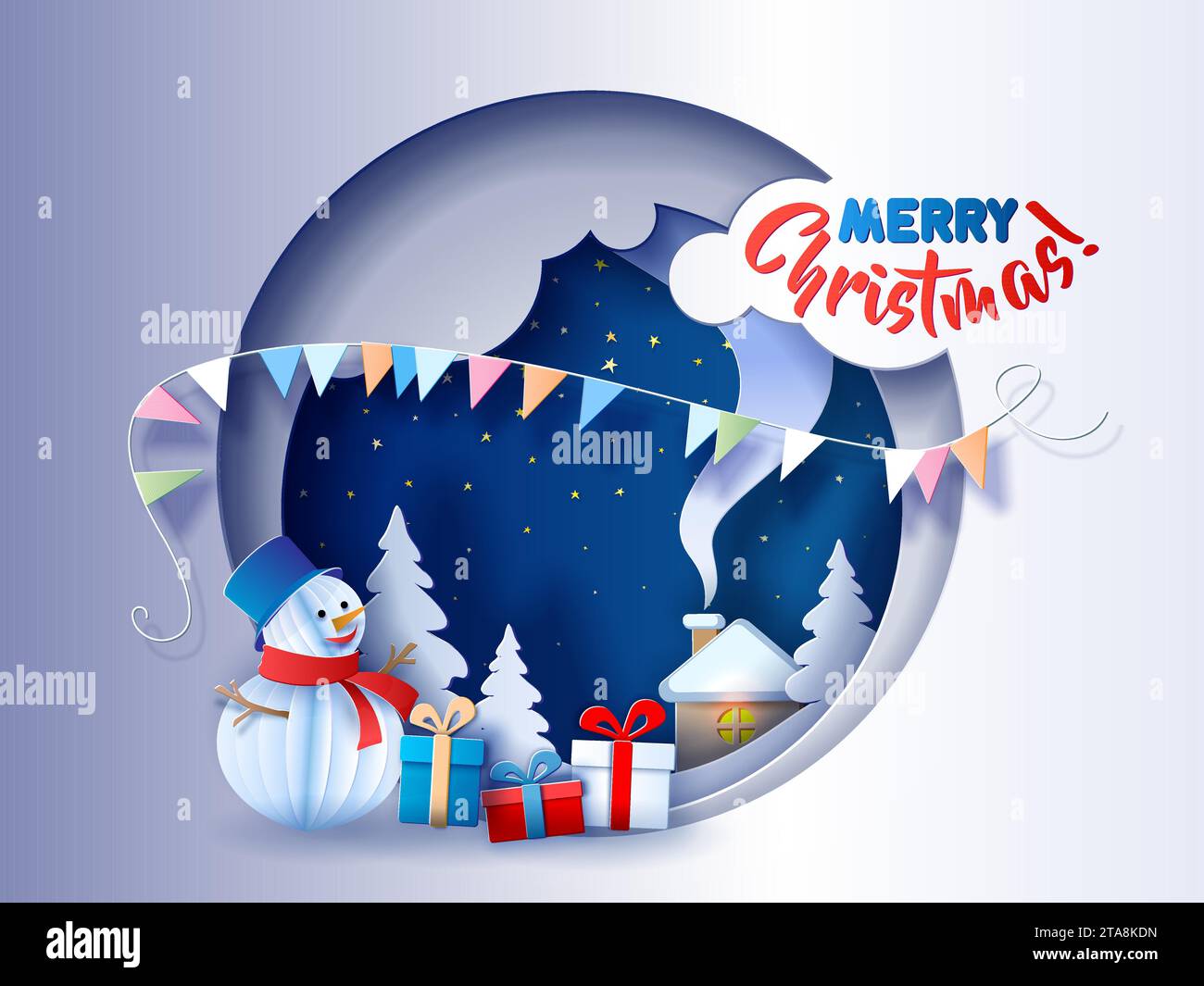 Carte de Noël en papier découpé superposé avec paysage d'hiver, bonhomme de neige drôle, petite maison et arbre couvert de neige dans le trou de nuit rond. Style de coupe du papier. VEC Illustration de Vecteur