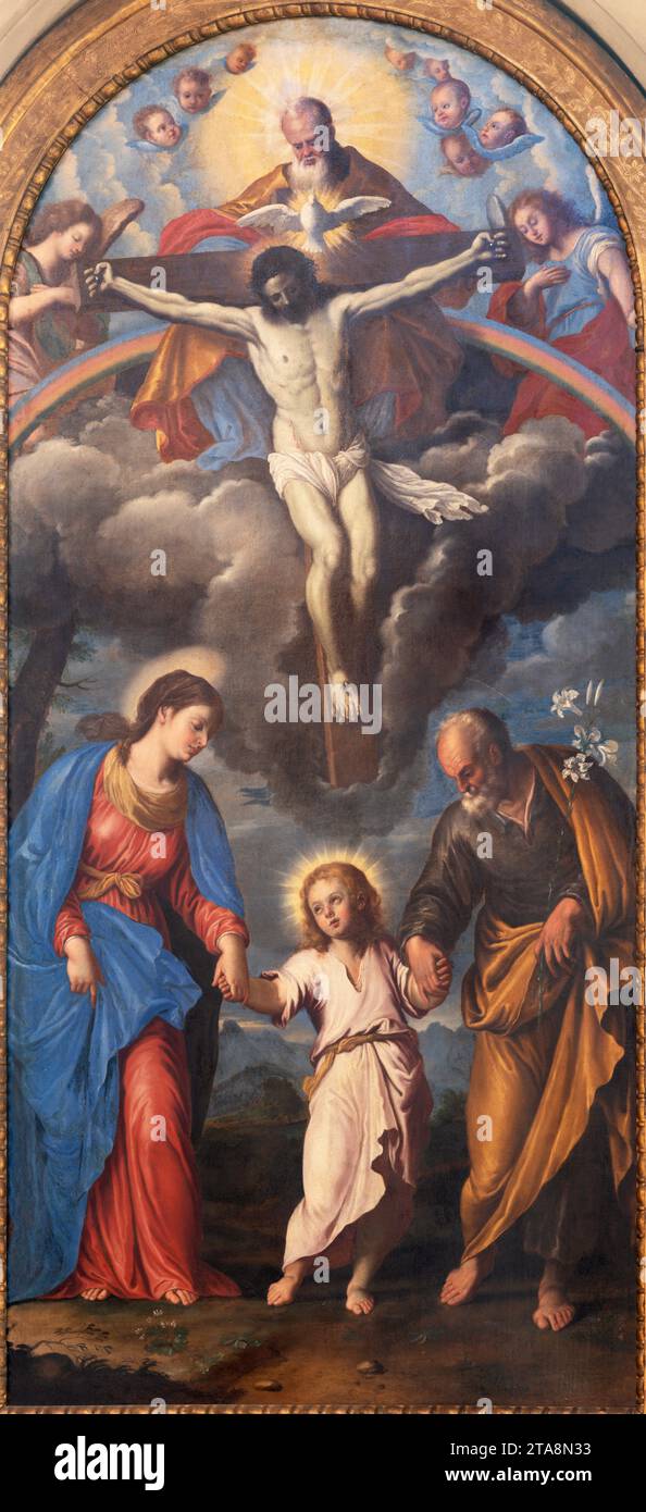 VICENCE, ITALIE - 5 NOVEMBRE 2023 : la peinture de la Sainte famille avec la Sainte Trinité dans la cathédrale par un artiste inconnu. Banque D'Images