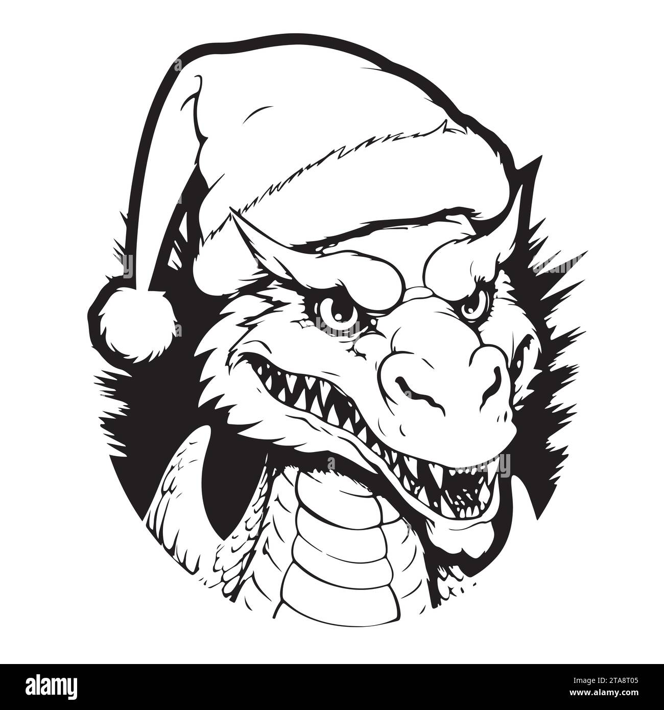 Drôle de personnage d'hiver dragon santa Vector illustration. contour dessin à la main.dragon de 2024 ans selon le calendrier oriental. Conception de Noël, carte de vacances, décor, coloriage Illustration de Vecteur