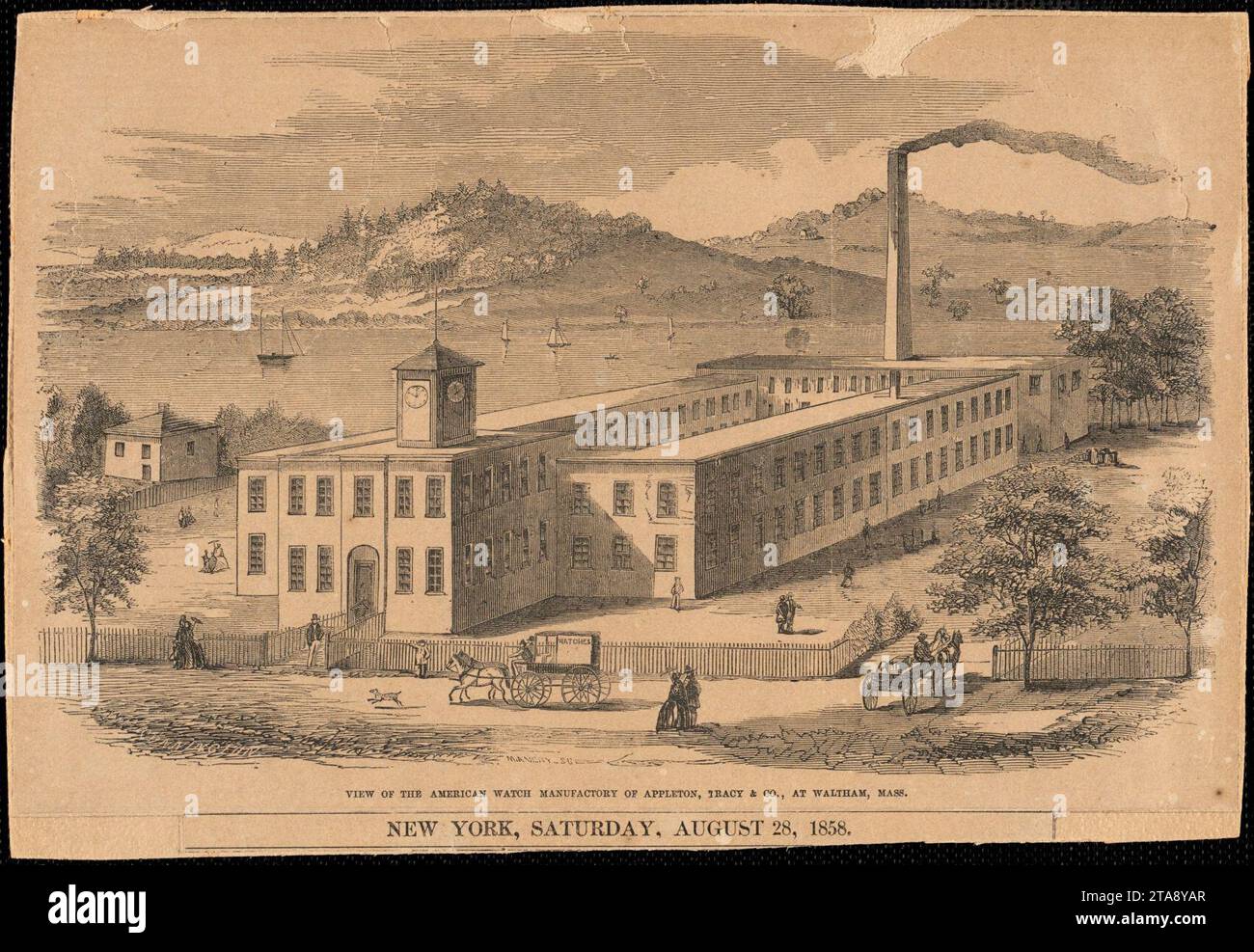 Vue de l'American Watch Manufactory d'Appleton, Tracy & Co., à Waltham, Massachusetts, artiste inconnu, 28 août 1858, du Digital Commonwealth - commonwealth mg74rs35h. Banque D'Images