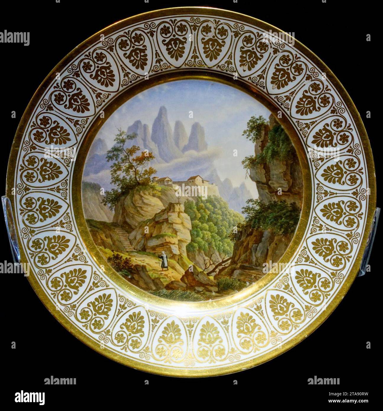 Vue du monastère de Montserrat, plaque, peinte par Louis-Albert-Guislain Bacler d'Albe, usine de Sèvres, 1822, porcelaine en pâte dure Banque D'Images