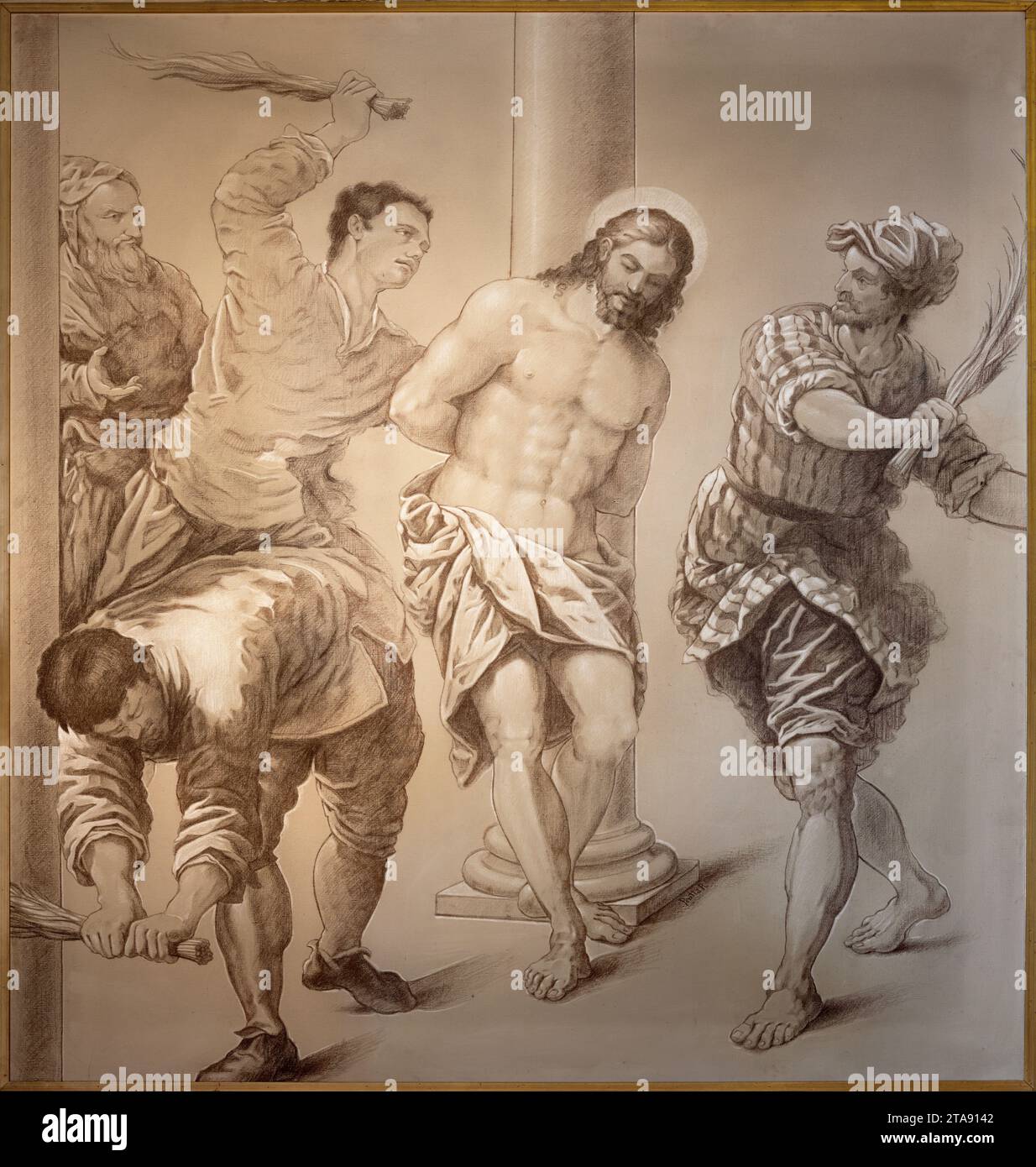 VICENCE, ITALIE - 5 NOVEMBRE 2023 : la copie monochrome peinte de la flagellation dans la cathédrale par Alessandro Maganza (1587-1589) Banque D'Images