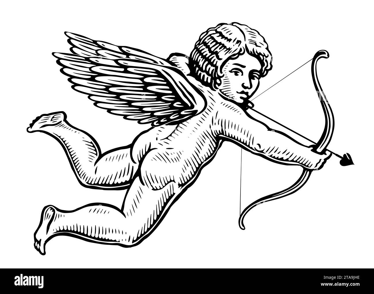 Ange volant tenant un arc et visant ou tirant une flèche, dessiné à la main. Illustration de gravure vintage Banque D'Images