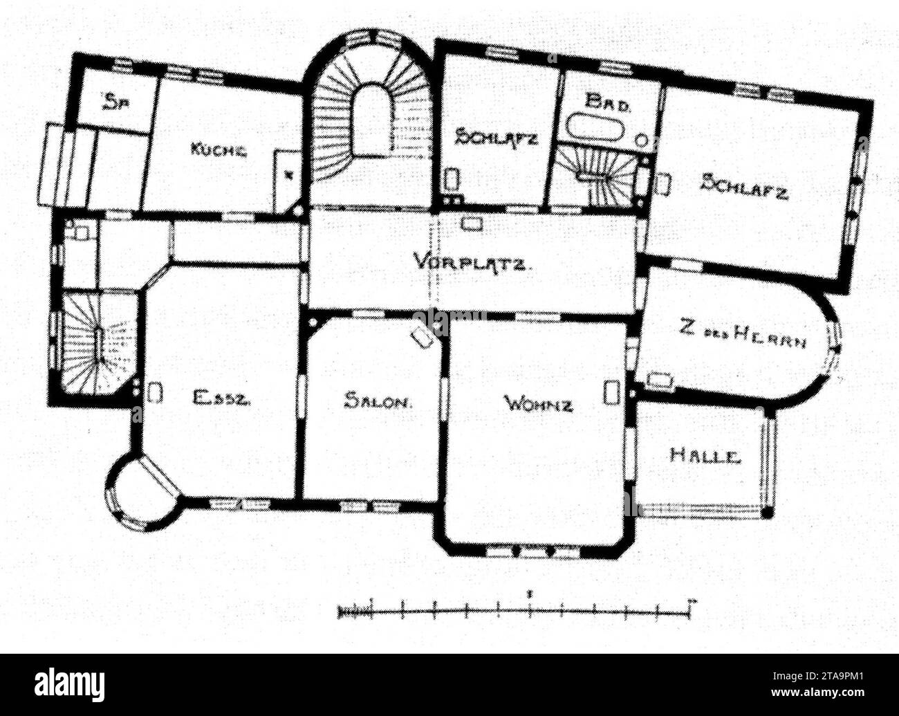 Villa Hohenzollernstr. 1 Stuttgart, Architekten Eisenlohr und Weigle, Grundriss Obergeschoss von 1895, quelle Annette Schmidt, Ludwig Eisenlohr. Ein architekt. Weg c. Historismus z. moderne. Stuttgart 2006. Banque D'Images