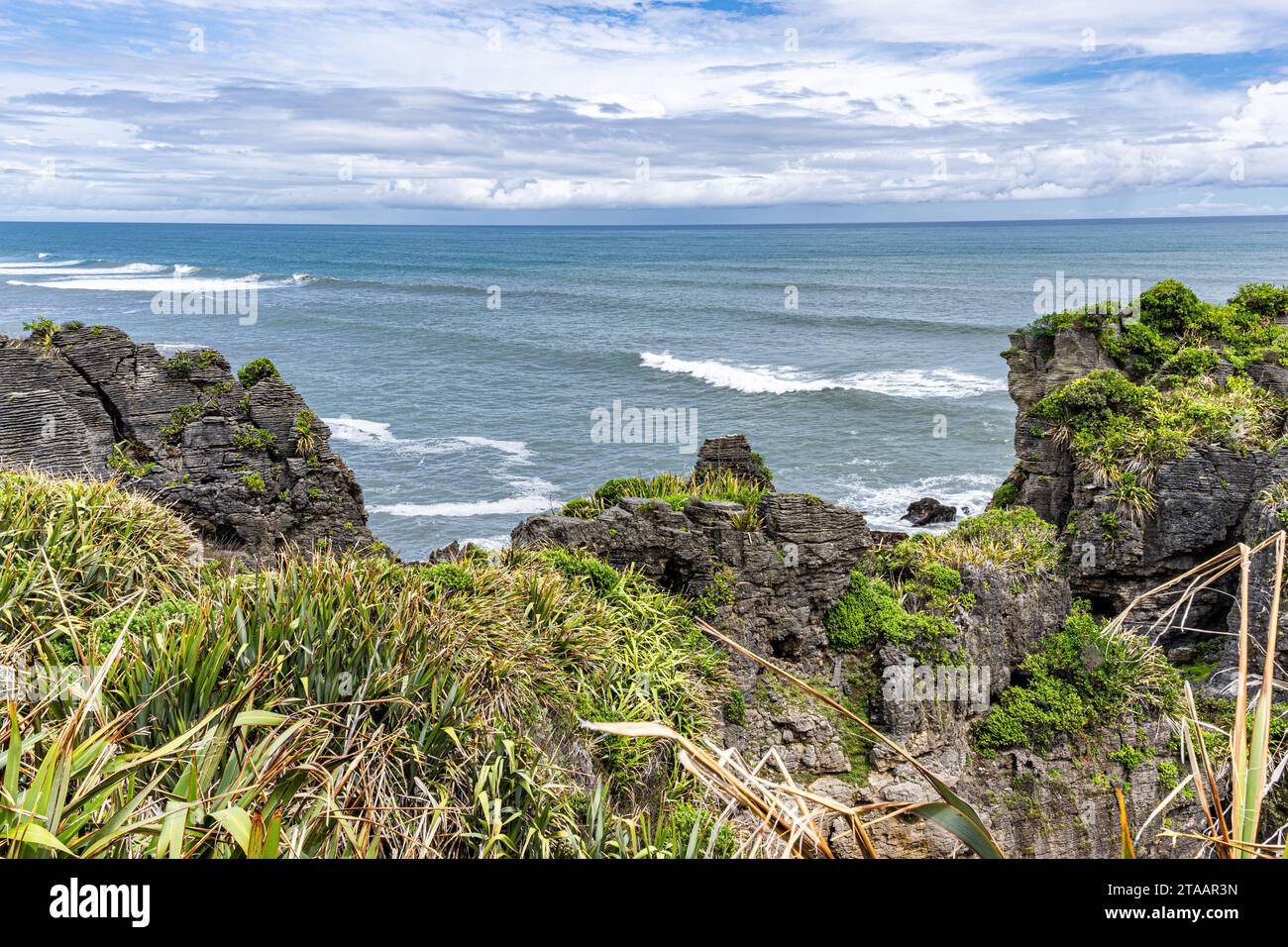 Vues sur Pancake Rocks et Blowholes sur New Zealnds South Island Banque D'Images
