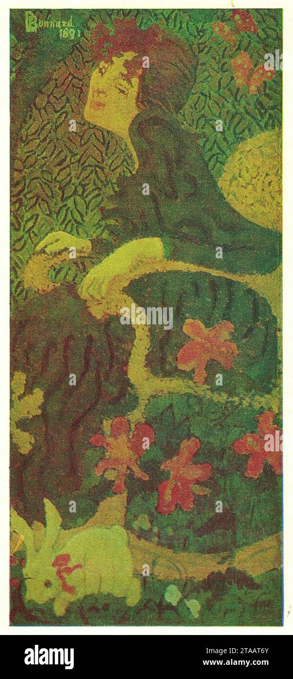 Oeuvre Jeune fille assise avec un lapin de Pierre Bonnard, 1891, huile sur toile. Pierre Bonnard (3 octobre 1867 – 23 janvier 1947) est un peintre, illustrateur et graveur français, connu notamment pour les qualités décoratives stylisées de ses peintures et son utilisation audacieuse de la couleur. Membre fondateur du groupe de peintres d'avant-garde post-impressionnistes les Nabis, ses premières œuvres ont été fortement influencées par le travail de Paul Gauguin, ainsi que par les estampes de Hokusai et d'autres artistes japonais. Bonnard a été une figure de proue dans la transition de l'impressionnisme au modernisme. Il peignait des paysages, ur Banque D'Images