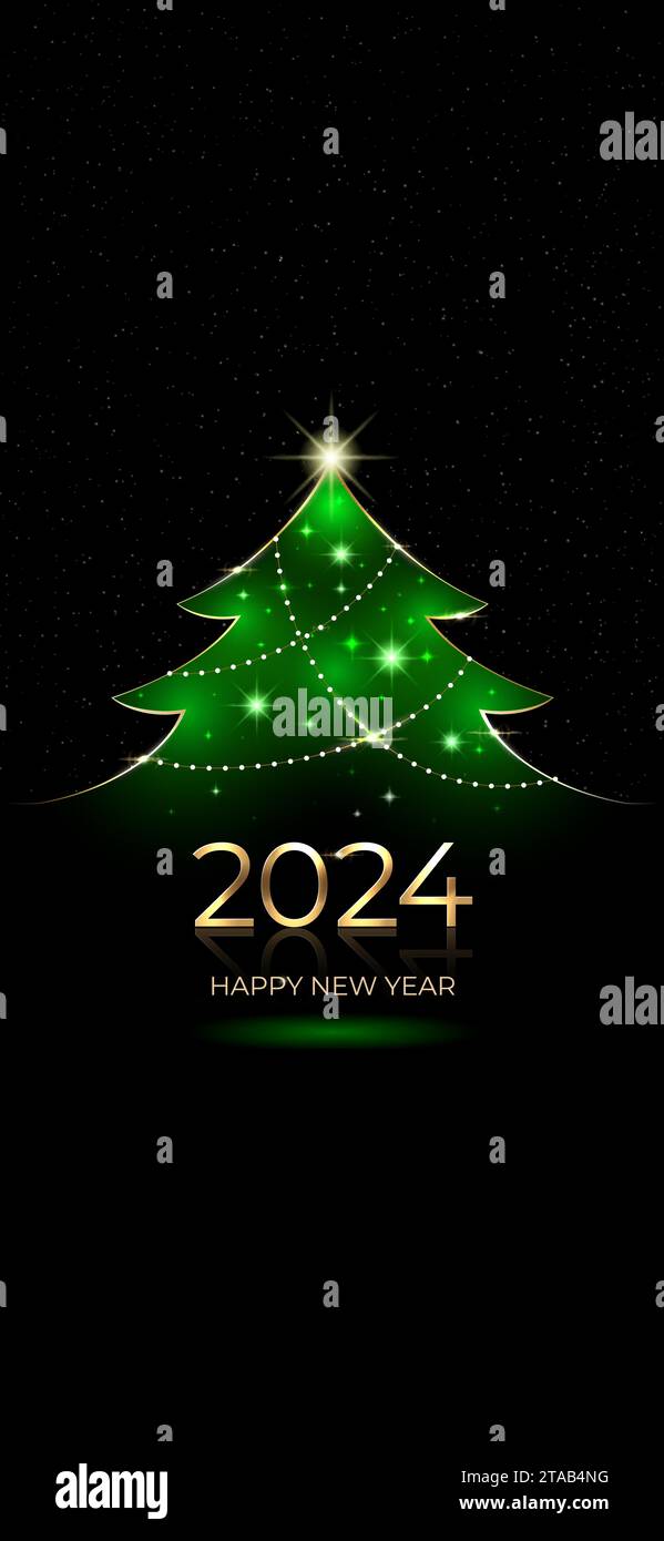 2024, 24 papier peint de bonne année. Or brillant 2024 avec sapin de noël. Design du nouvel an 