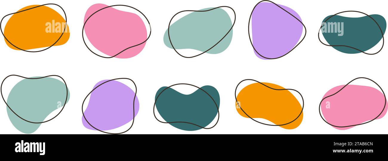 Collection abstraite de formes organiques. Ensemble de formes liquides irrégulières. Mignons amibes blobs, taches, gouttes ou taches faisceau. Modèles de conception colorés pour étiquette, autocollant, bannière, présentation, flyer. Vecteur Illustration de Vecteur