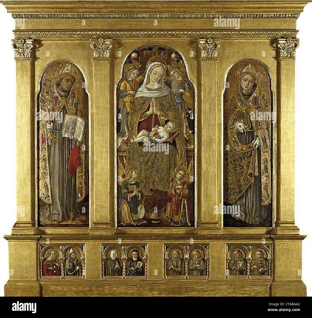 Vittore Crivelli (vers 1444-1501 ou plus tard) - Vierge et enfant Enthroned, St Bonaventura (à gauche), St Louis de Toulouse (à droite) St Agatha et St Aug Banque D'Images