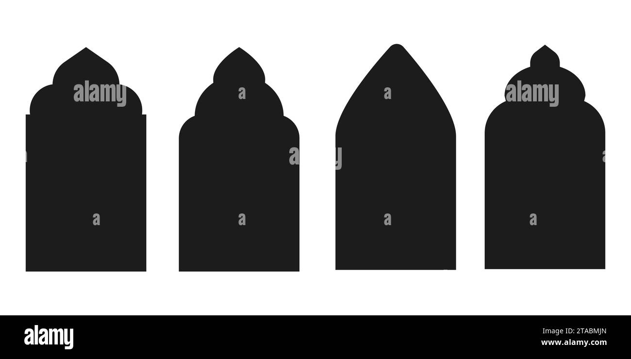 Définir des cadres d'arche islamique, silhouette de fenêtre ou de porte, bordure géométrique simple isolée sur fond blanc. Porte de mosquée, arabesque islamique, arc arabe musulman. Illustration vectorielle Illustration de Vecteur