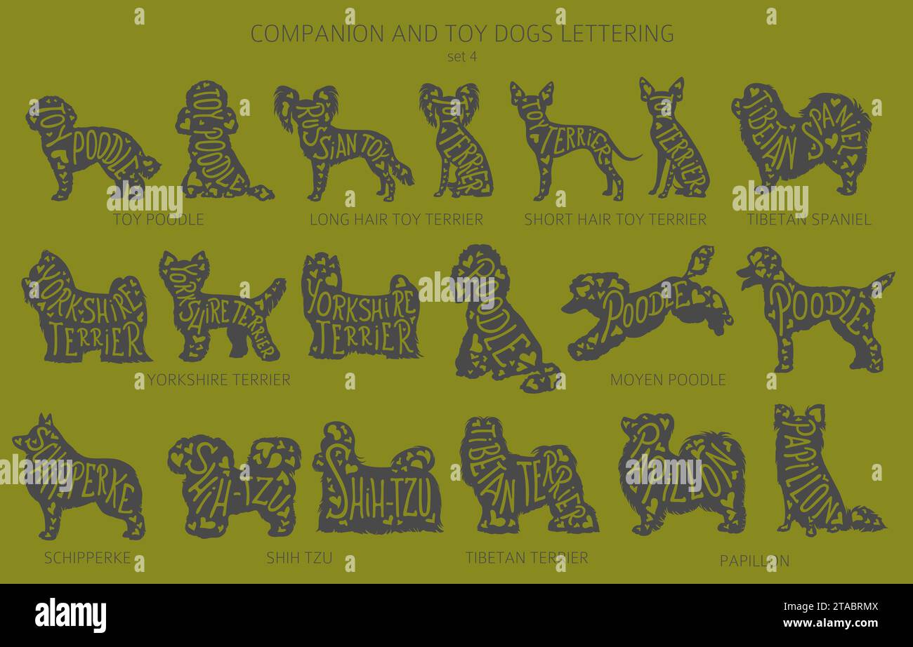 Chien élève des silhouettes avec lettrage, clipart de style simple. Collection de chiens de compagnie et de chiens jouets. Illustration vectorielle Illustration de Vecteur