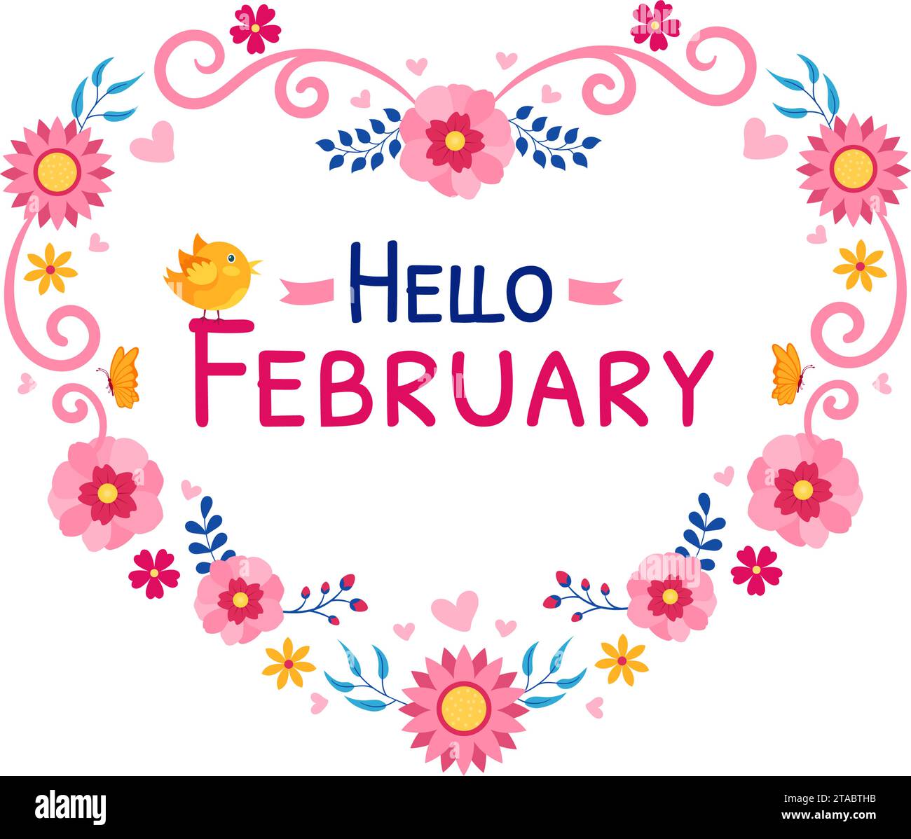Bonjour février mois Illustration vectorielle avec des fleurs, des coeurs, des feuilles et du lettrage mignon pour fond de décoration dans les modèles de dessin animé plat Illustration de Vecteur