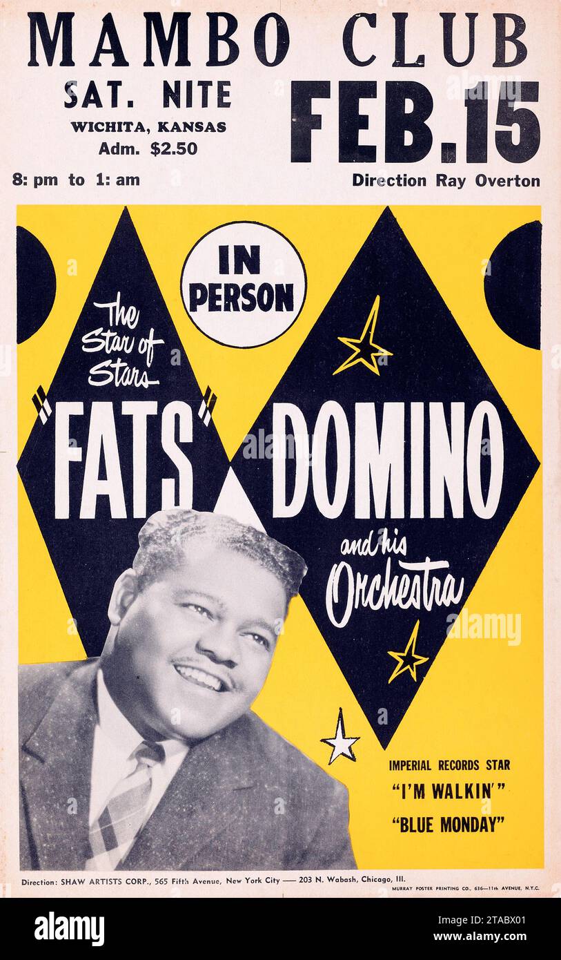 Fats Domino 1958 Mambo Club, Wichita, Kansas, affiche de concert Rock and Roll Banque D'Images
