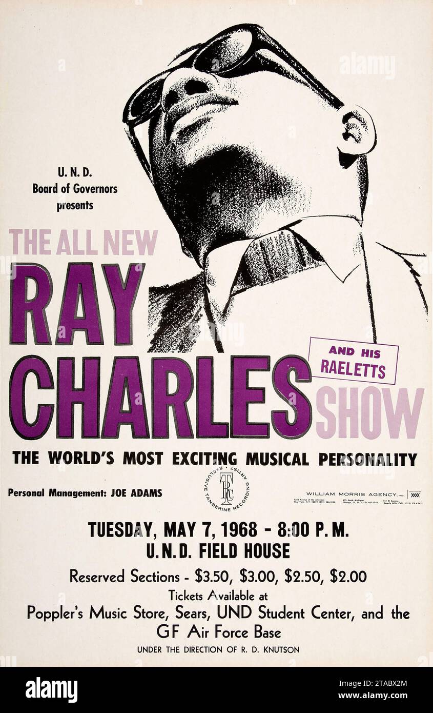 Ray Charles and HIS Raeletts Show - U.N.D. Field House - concert Poster (U.N.D. Board of Governors Presents, 1968). Banque D'Images