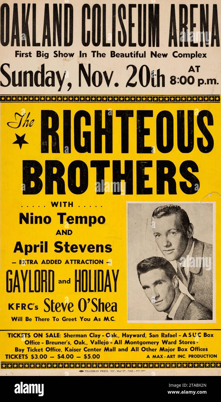 Righteous Brothers (avec Nino Tempo et April Stevens) Oakland Coliseum Arena - affiche de concert (20 novembre 1966) Banque D'Images