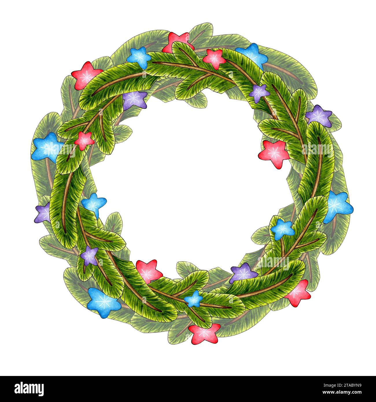 Illustration à l'aquarelle d'une couronne de Noël faite de branches de sapin avec des étoiles. Composition festive pour affiches, cartes, bannières, dépliants, couvertures, placar Banque D'Images