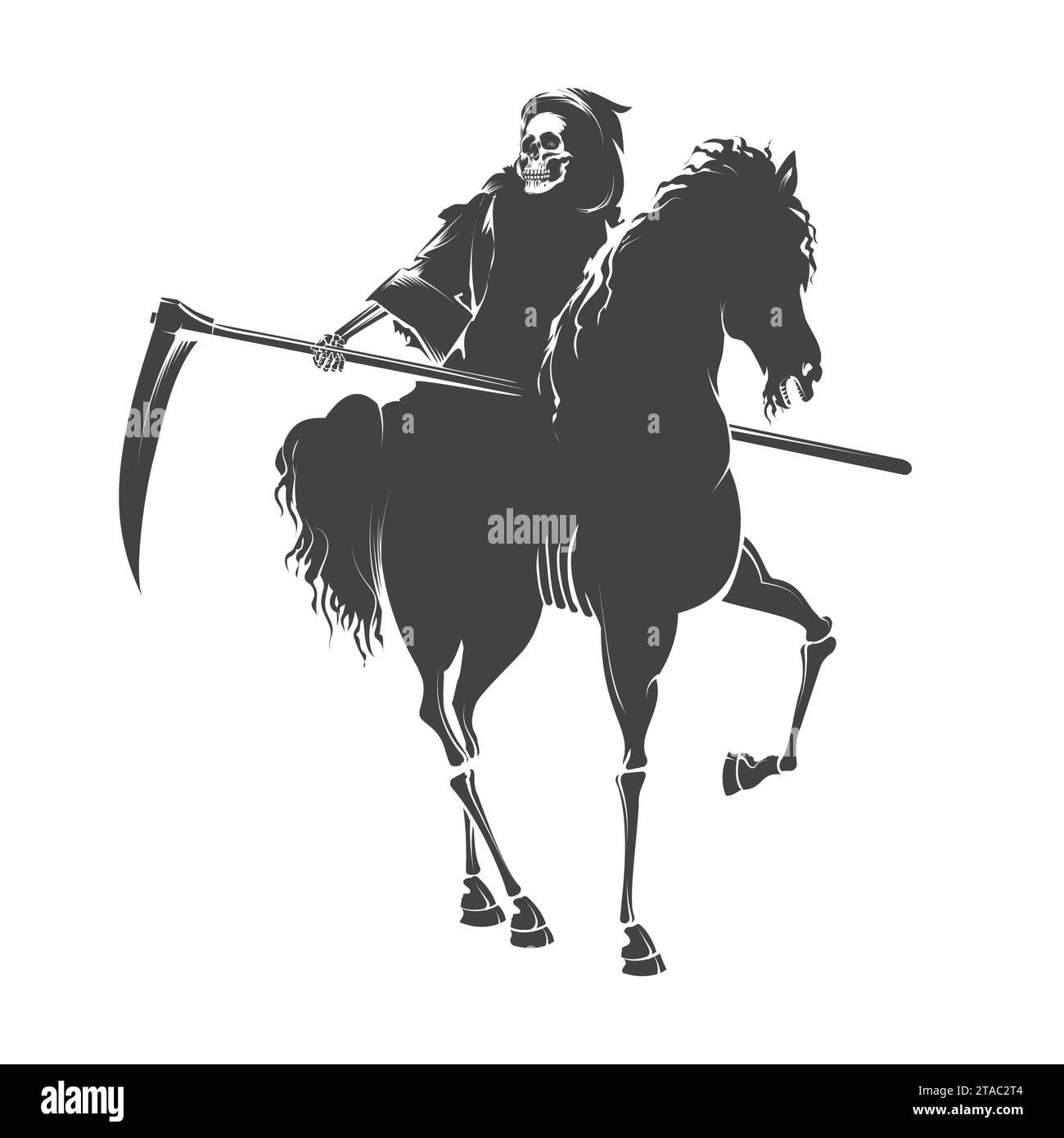 Grim Reaper avec Scythe Rides Dead Horse Engraving Tattoo isolé sur fond blanc. Illustration vectorielle dessinée à la main. Illustration de Vecteur