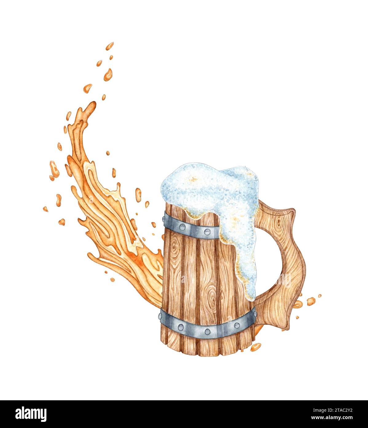 Illustration à l'aquarelle d'une vieille tasse en bois avec de la mousse de bière et des éclaboussures. Tasse vintage pour la bière ou le vin. Festival Oktoberfest isolé. Compositions FO Banque D'Images