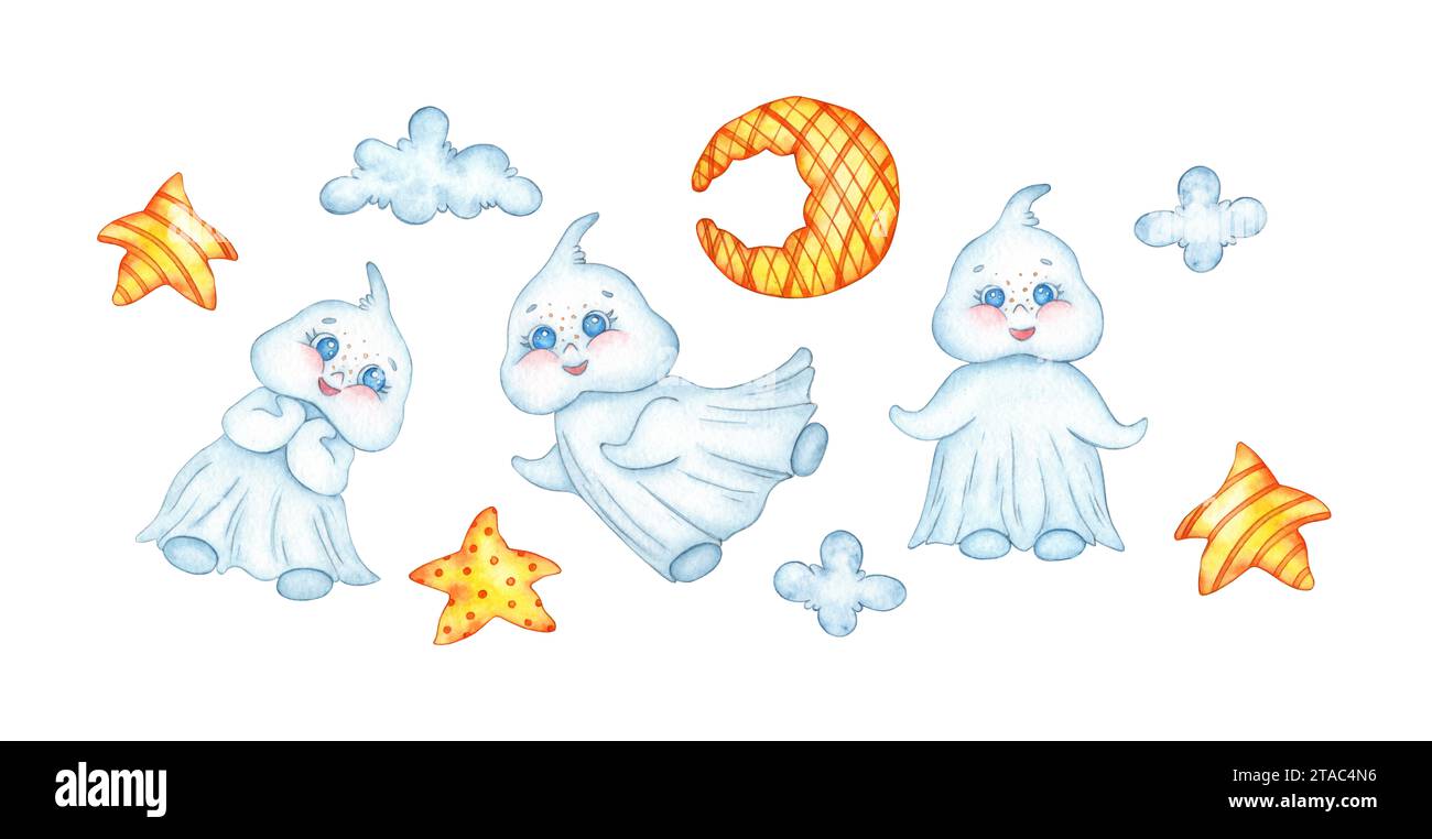 Ensemble d'illustrations à l'aquarelle de trois petits fantômes mignons, lune, étoile, nuage. Esprit Halloween isolé sur fond blanc. Concept de conception pour post Banque D'Images
