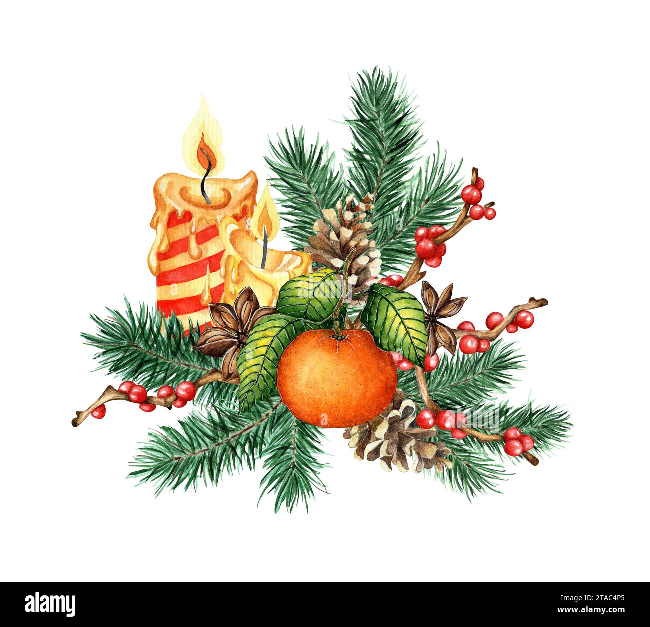 Illustration à l'aquarelle d'une bougie de Noël avec des branches de sapin, une pomme de pin, des branches avec des baies rouges, de la cannelle, des madarines. Composition isolée pour p Banque D'Images