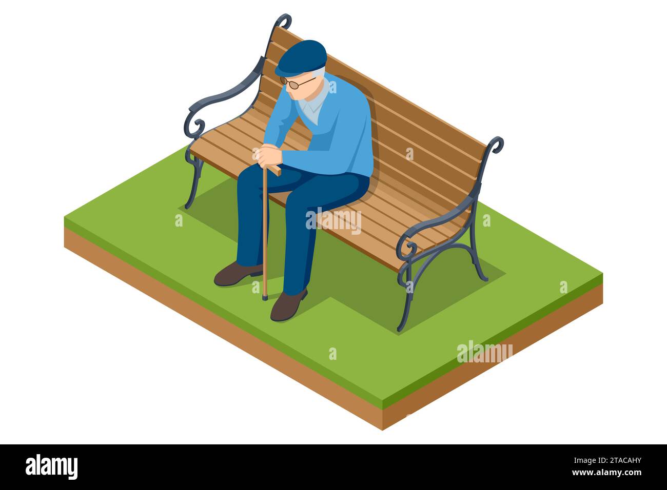 Vieil homme isométrique assis sur un banc dans le parc. Activité de loisirs, retraite. Grand-père se reposant dans le parc, loisirs d'air frais. Retraité de vieillesse Illustration de Vecteur