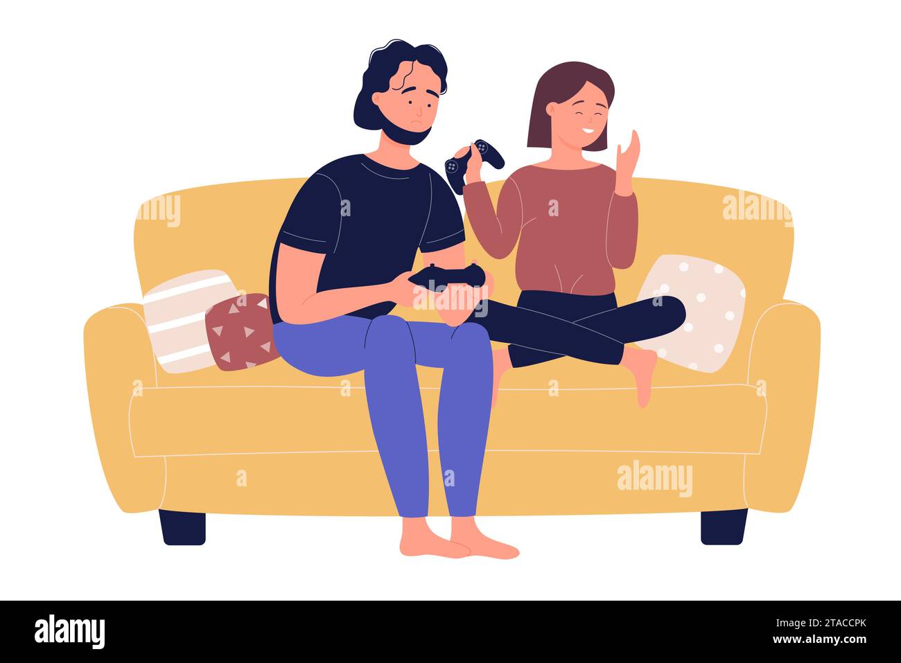 Jeune couple de famille assis sur le canapé jouant sur la console de jeux TV jeux vidéo dans le salon illustration vectorielle plate de dessin animé isolé Illustration de Vecteur