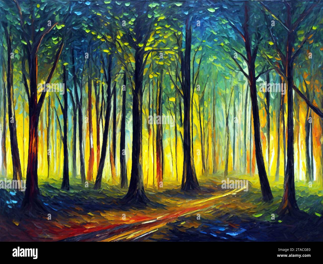 La peinture de la forêt lumineuse (huile sur toile). Banque D'Images
