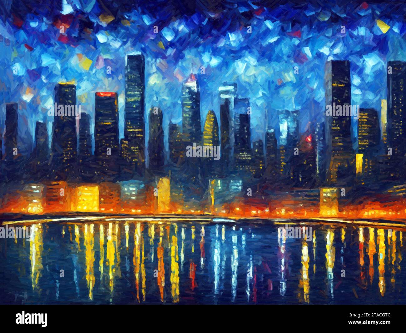 Manhattan scintille sous les lumières de la nuit peinture (huile sur toile). Banque D'Images