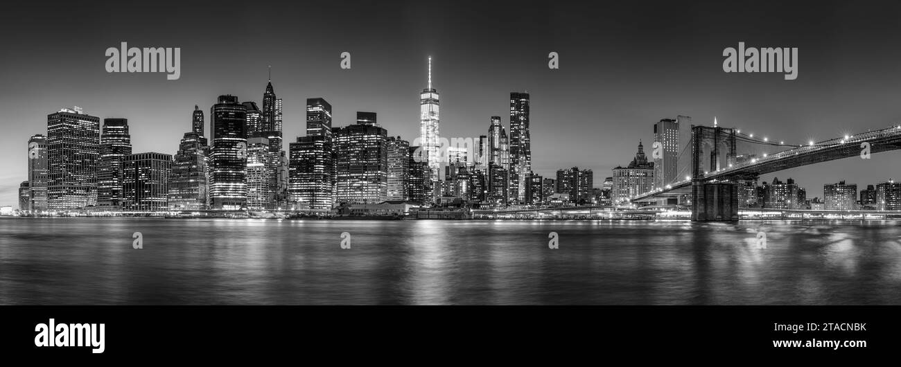 Vue panoramique des gratte-ciel de New York City Lower Manhattan au crépuscule avec le pont de Brooklyn et East River (noir et blanc) Banque D'Images
