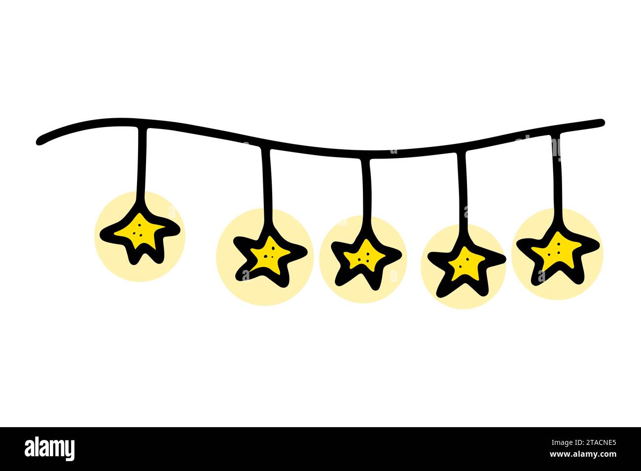 Doodle Christmas Garland. Feston dessiné à la main isolé sur fond blanc. Décoration festive de couleur avec des ampoules d'étoiles. Illustration vectorielle pour un Illustration de Vecteur