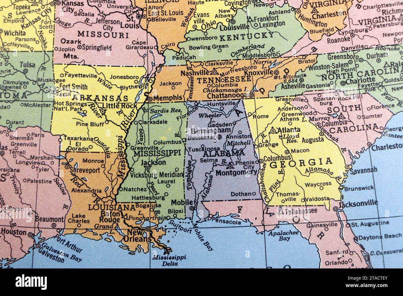 gros plan de la carte des états-unis montrant les états du sud de l'amérique profond sud Banque D'Images
