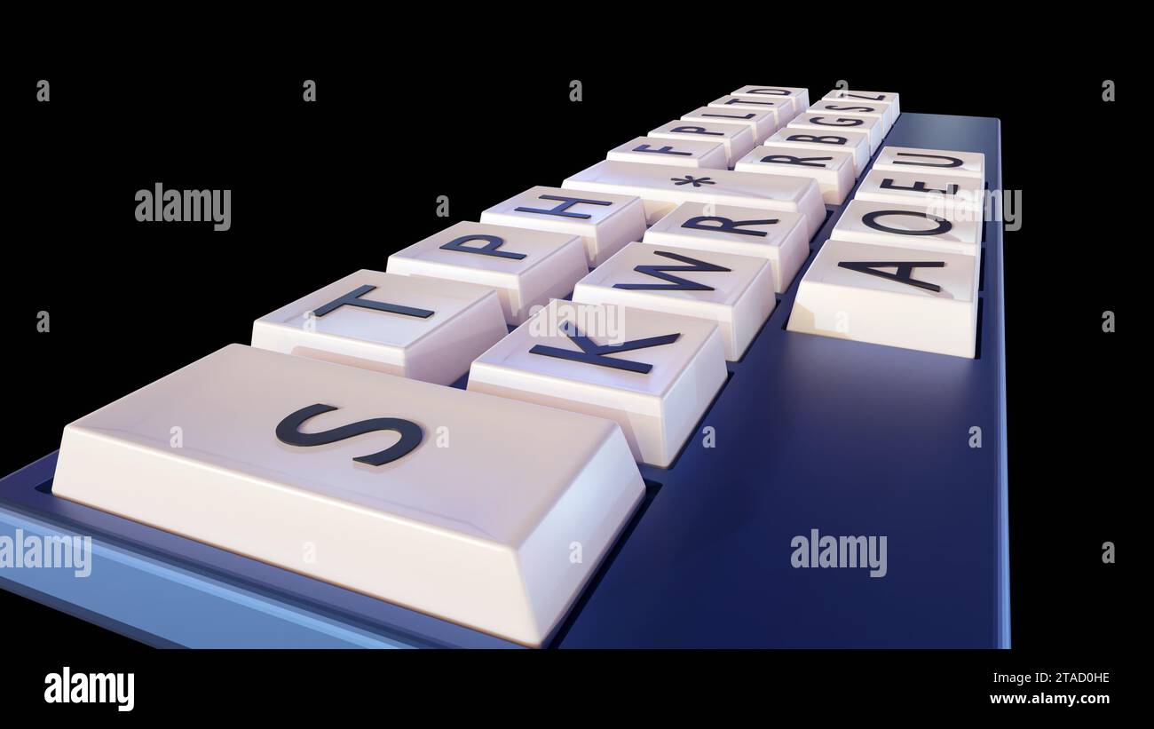 Rendu 3D en gros plan d'un clavier sténotype, également connu sous le nom de clavier abrégé, de sténographe ou de clavier sténographique Banque D'Images
